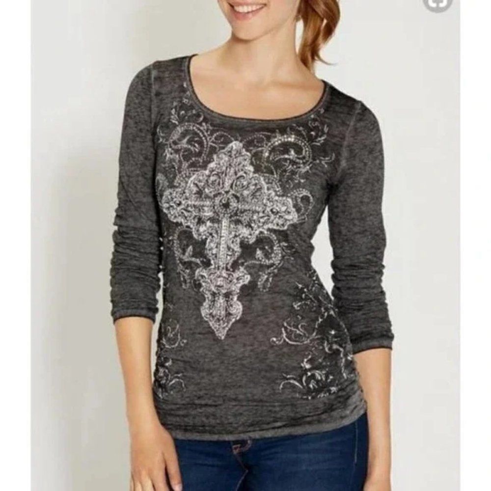 NEW! Maurices Lattice Back Celtic Cross Embellished Long Sleeve Top